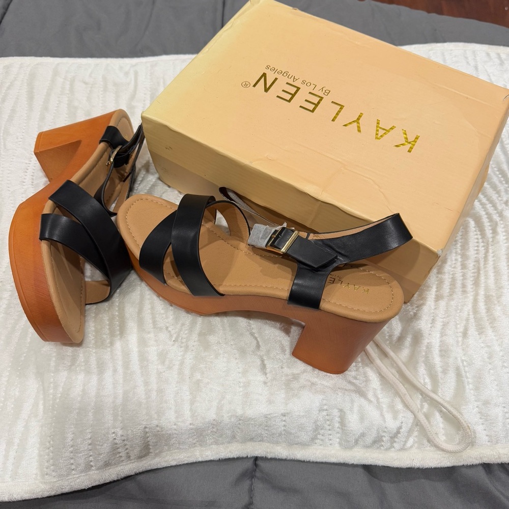 KAYLEEN By Los Angeles Black and Brown Heeled Sandals